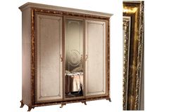 Трехдверный распашной белый шкаф Raffaello с золотым кантом 194х69,5х214,5 с центральной зеркальной створкой