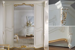 Белый распашной 4 дверный шкаф La Fenice laccato с 2 зеркалами и декоративной золотой резьбой внизу и над зеркалами