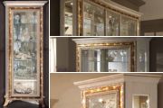 1, 2, 3 и угловая витрины для посуды в гостиную  Raffaello Arredo Classic с золотой отделкой по периметру створок и на золотых ножках