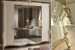 6 створчатый белый классический распашной шкаф Тициано 297х73х260 на фигурных ножках с 4 зеркалами