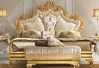 Кровать Diamante 2101 с мягким изголовьем с волнистым резным золотым обрамлением и золотым корпусом  180х200