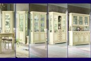 Белые классические витрины (угловая, 1, 2, 3 дверные) с золотой патиной с зеркалом и подсветкой со стеклянными боковинами и створками для посуды в гостиную Palazzo Ducale laccato